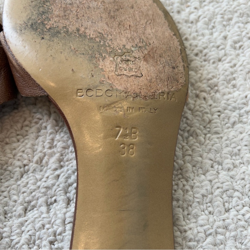 BCBGMaxAzria Brown and Tan Leather Knot Mule Heels - Picture 8 of 14